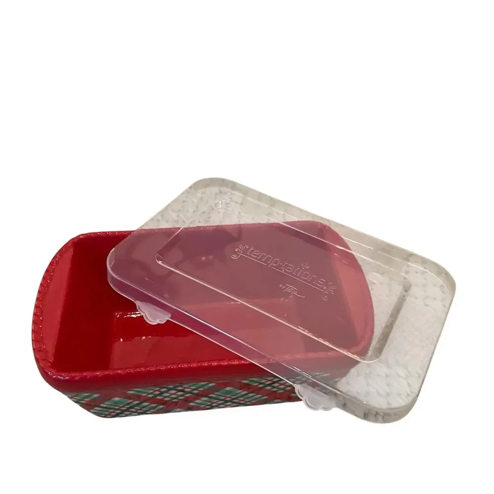 Temptations by Tara Mini Ceramic Loaf Pan w/ Lid 12oz Holiday Plaid Red Green